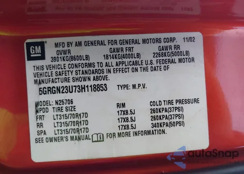 2003 Hummer H2 from USA, damaged, VIN 5GRGN23U73H118853